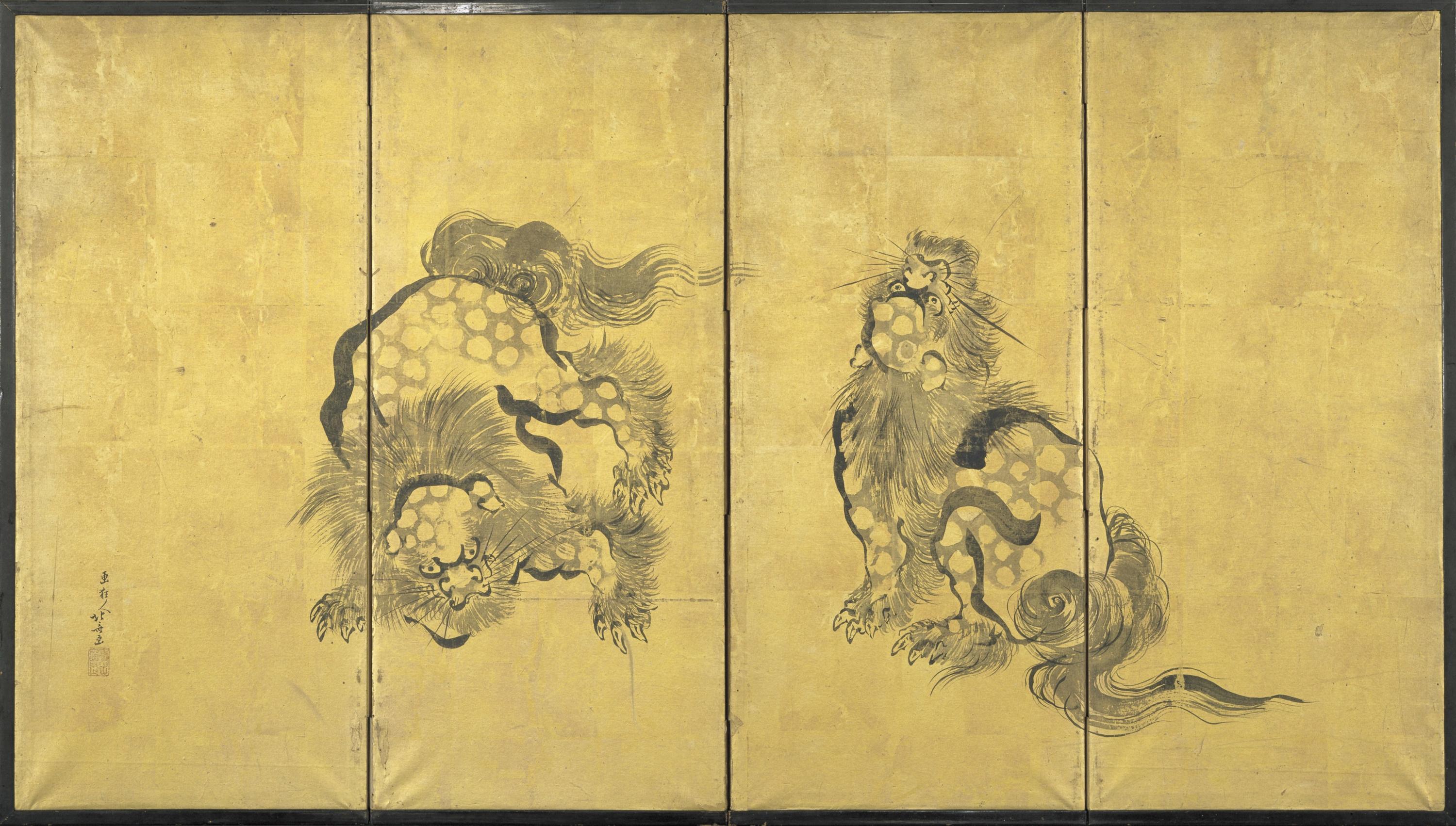 葛飾北斎《獅子図屏風》。金地の四曲屏風に、墨で2頭の獅子が描かれている