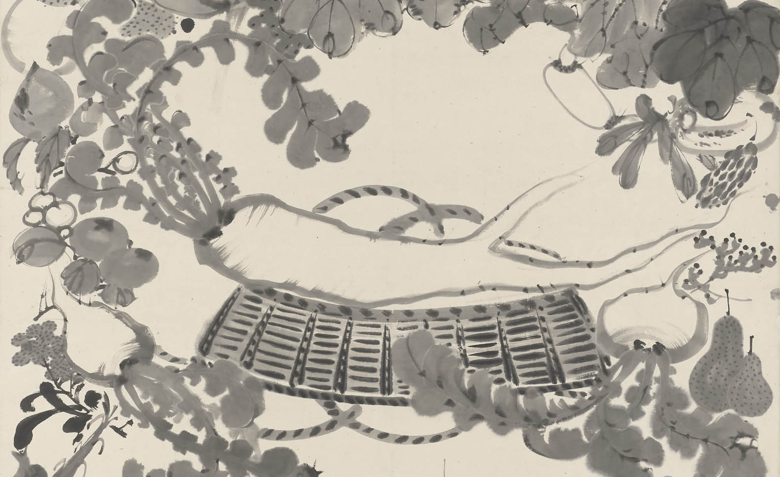 Detail of Vegetable Nirvana: a forked radish lying on an upturned basket, surrounded by fruits and vegetables