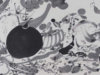Detail of Vegetable Nirvana: a large watermelon painted in dark ink at lower left, with vegetables around it