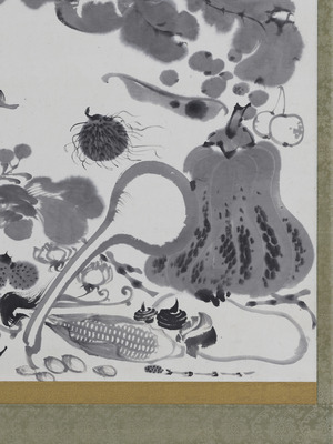 Detail of Vegetable Nirvana: a Shishigatani squash and corn cobs at lower right