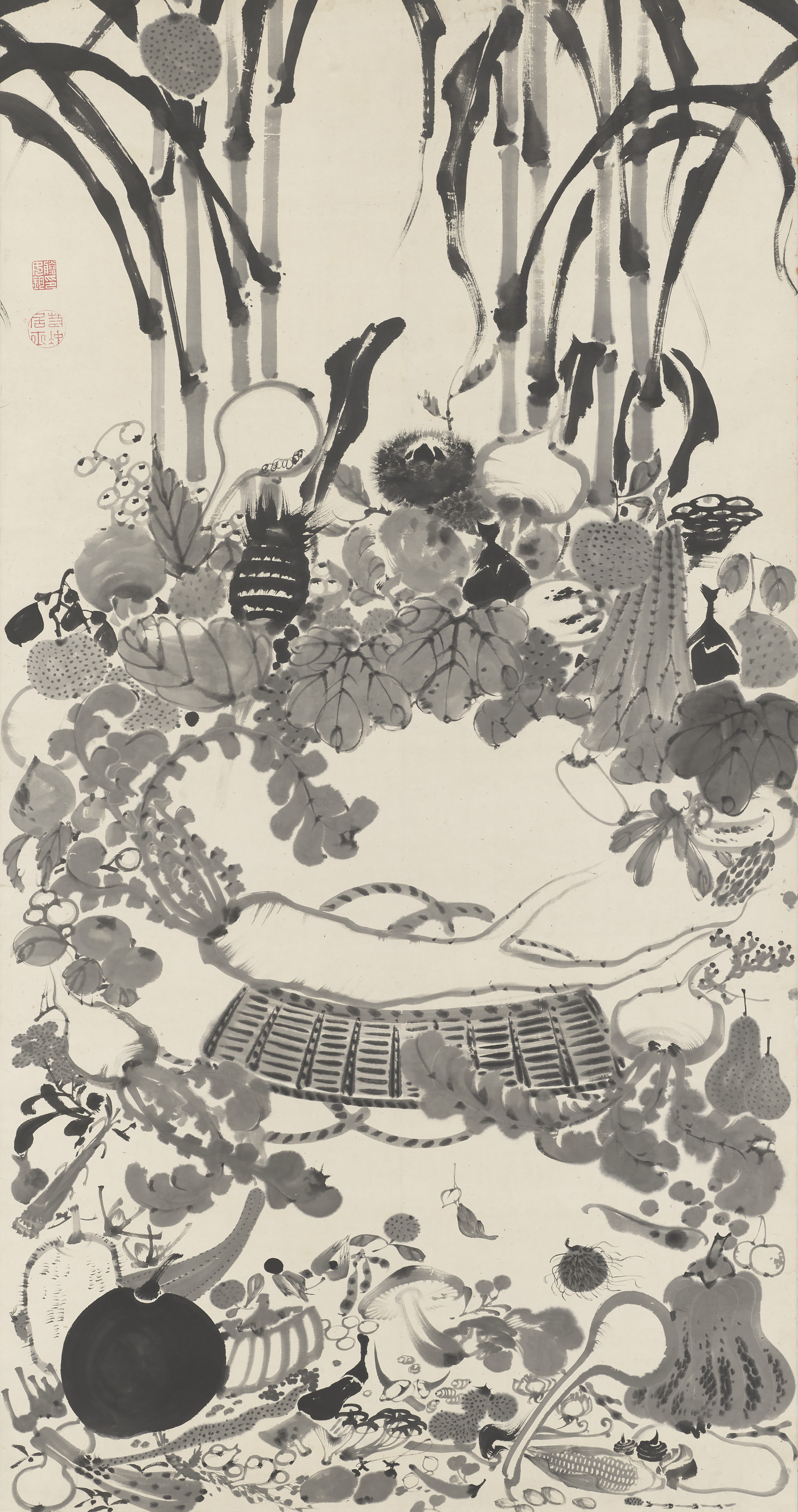 Itō Jakuchū, Vegetable Nirvana, full view: a forked radish lying on an upturned basket at the centre, eight corn plants across the top, and many fruits and vegetables painted in ink all around