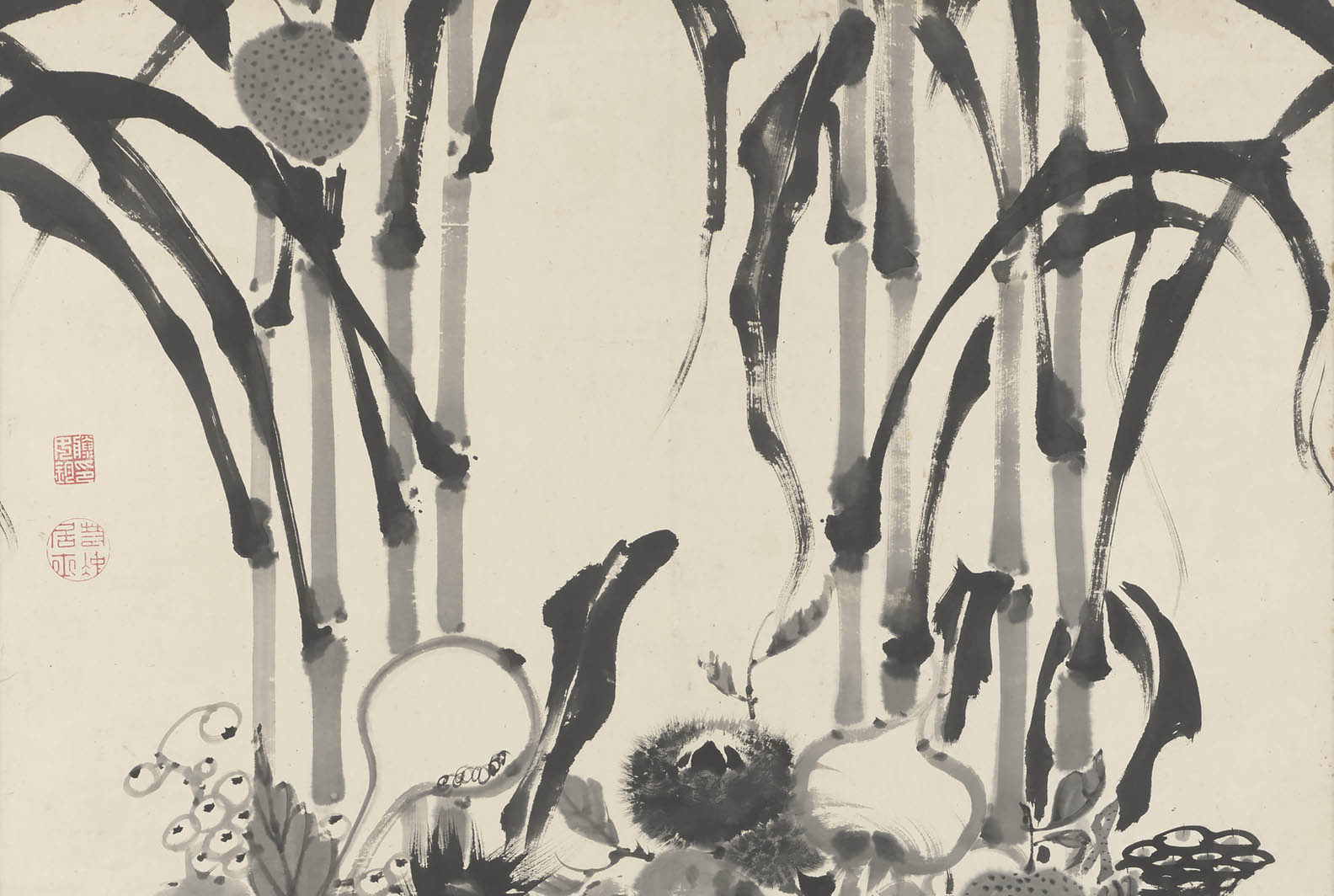 Detail of Vegetable Nirvana: eight corn plants standing in for the sal trees, with the artist's seals at the left edge