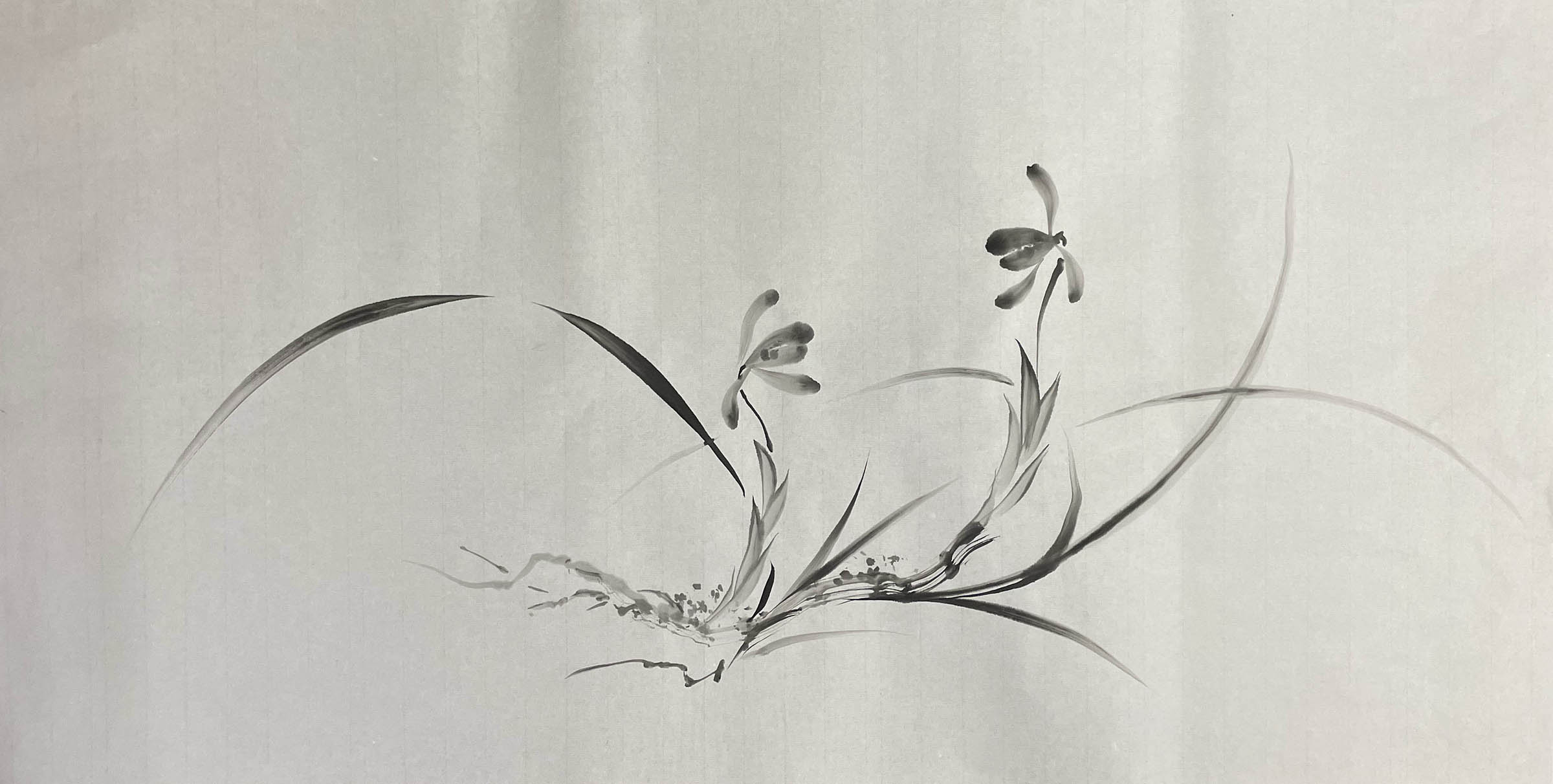 小林東雲による水墨画の蘭。一筆で引かれた長い葉が交差し、淡墨の花に濃墨の花心が添えられている